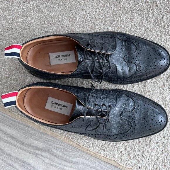 Classic Thom Brown black pebble grain longwing brogue with leather  